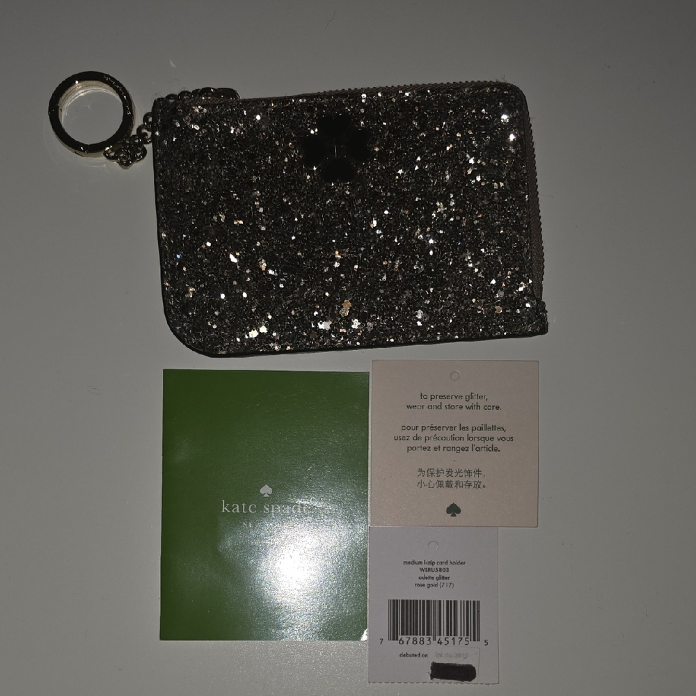 Kate Spade Medium L-zip Odette Rose Gold Glitter Card Holder